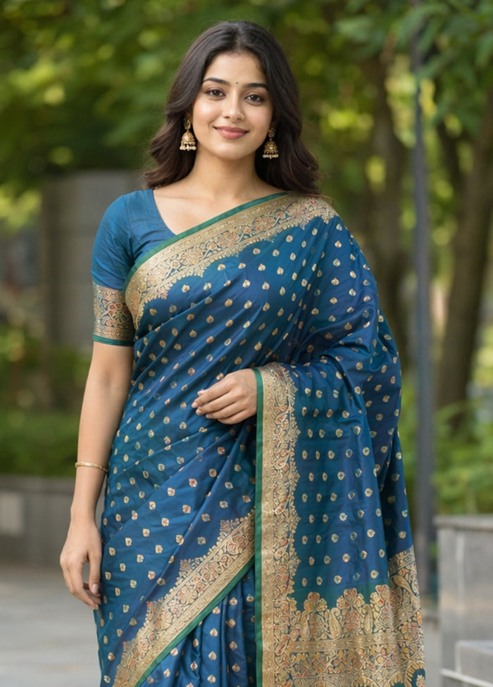 Blue Handloom Banarasi Pure Silk Saree With Blouse Piece