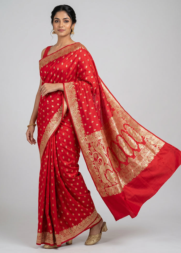 Red Handloom Banarasi Pure Silk Saree With Blouse Piece