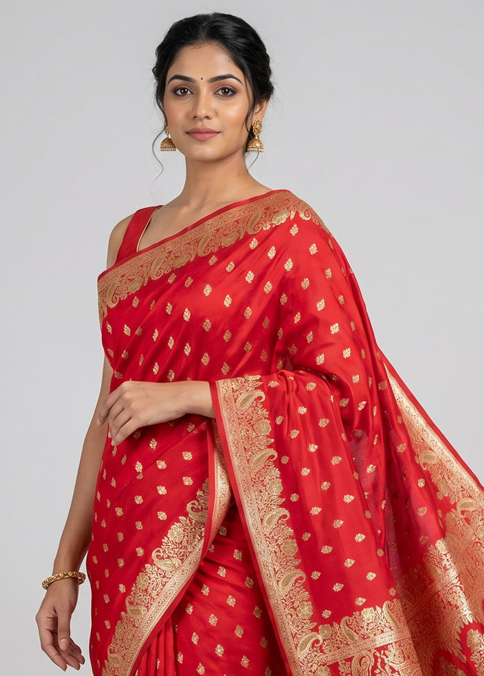 Red Handloom Banarasi Pure Silk Saree With Blouse Piece