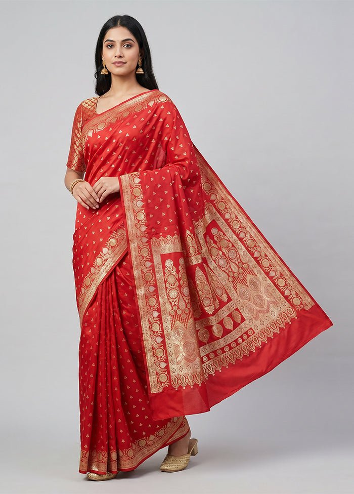 Red Handloom Banarasi Pure Silk Saree With Blouse Piece