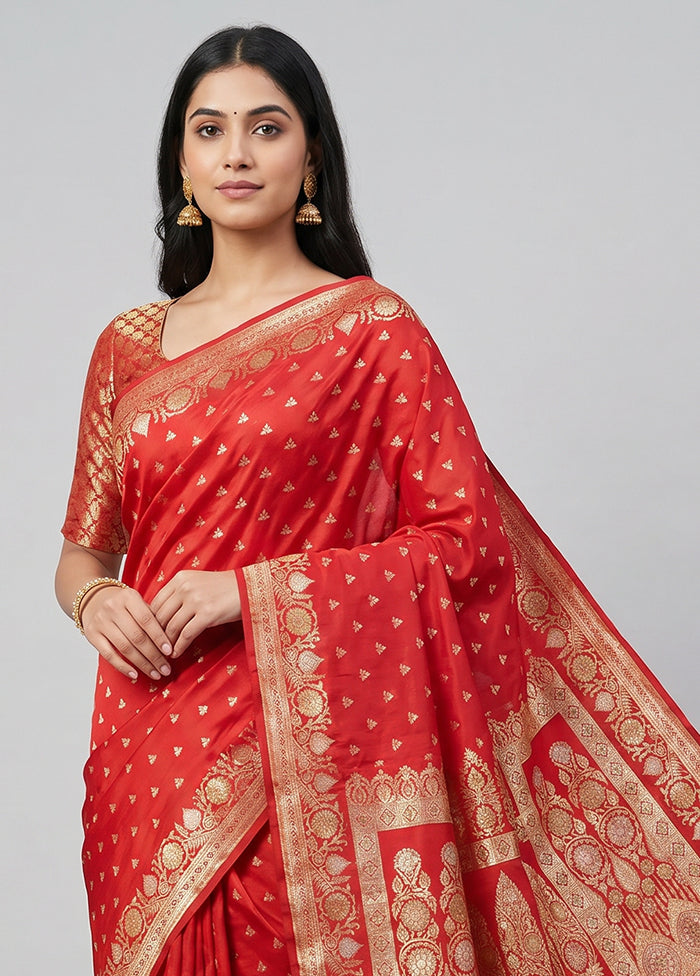 Red Handloom Banarasi Pure Silk Saree With Blouse Piece