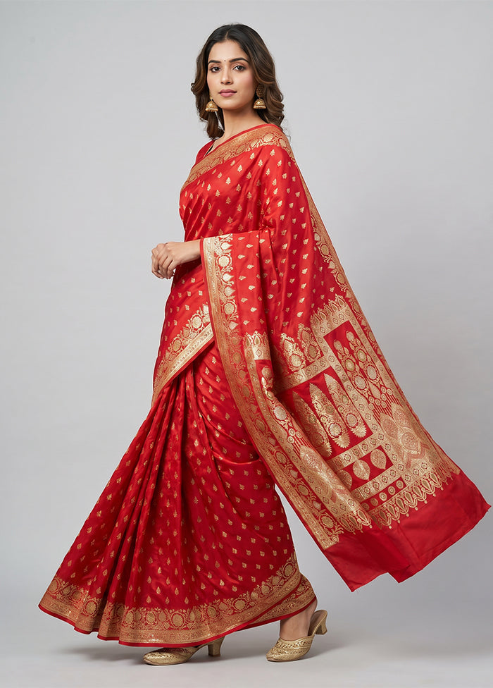 Red Handloom Banarasi Pure Silk Saree With Blouse Piece