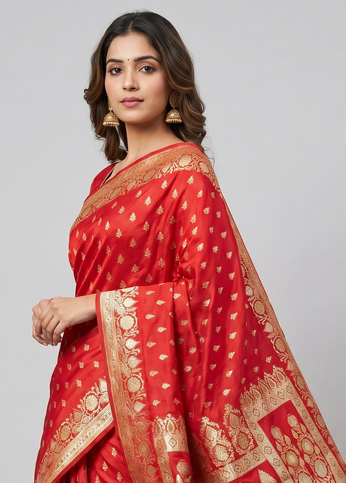 Red Handloom Banarasi Pure Silk Saree With Blouse Piece