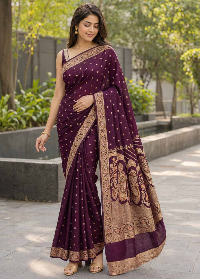 Purple Handloom Banarasi Pure Silk Saree With Blouse Piece