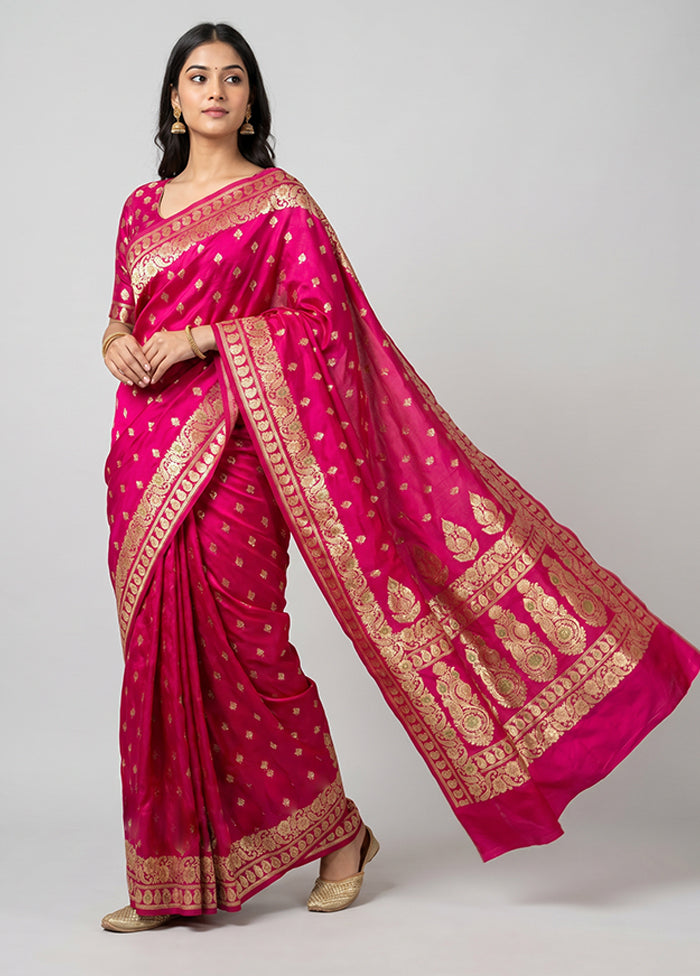 Pink Handloom Banarasi Pure Silk Saree With Blouse Piece