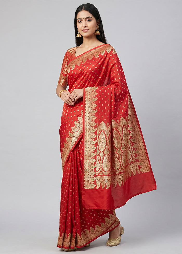 Red Handloom Banarasi Pure Silk Saree With Blouse Piece
