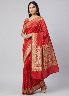Red Handloom Banarasi Pure Silk Saree With Blouse Piece