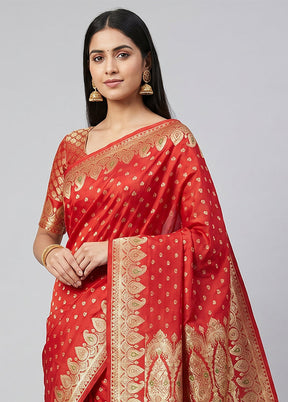 Red Handloom Banarasi Pure Silk Saree With Blouse Piece