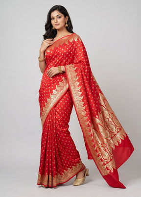 Red Handloom Banarasi Pure Silk Saree With Blouse Piece