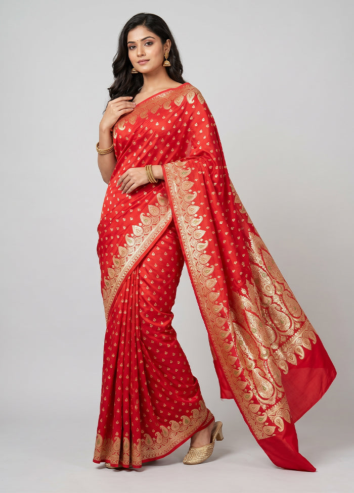 Red Handloom Banarasi Pure Silk Saree With Blouse Piece