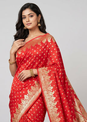Red Handloom Banarasi Pure Silk Saree With Blouse Piece