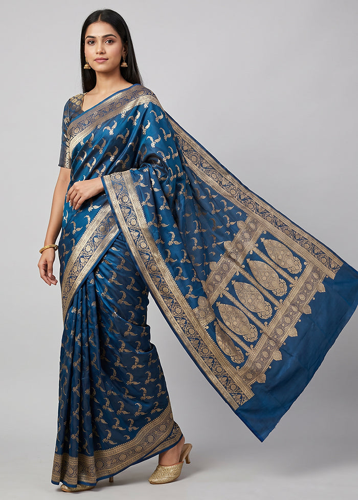 Blue Banarasi Silk Saree With Blouse Piece