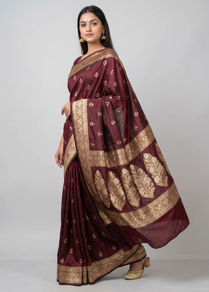 Maroon Handloom Banarasi Pure Silk Saree With Blouse Piece