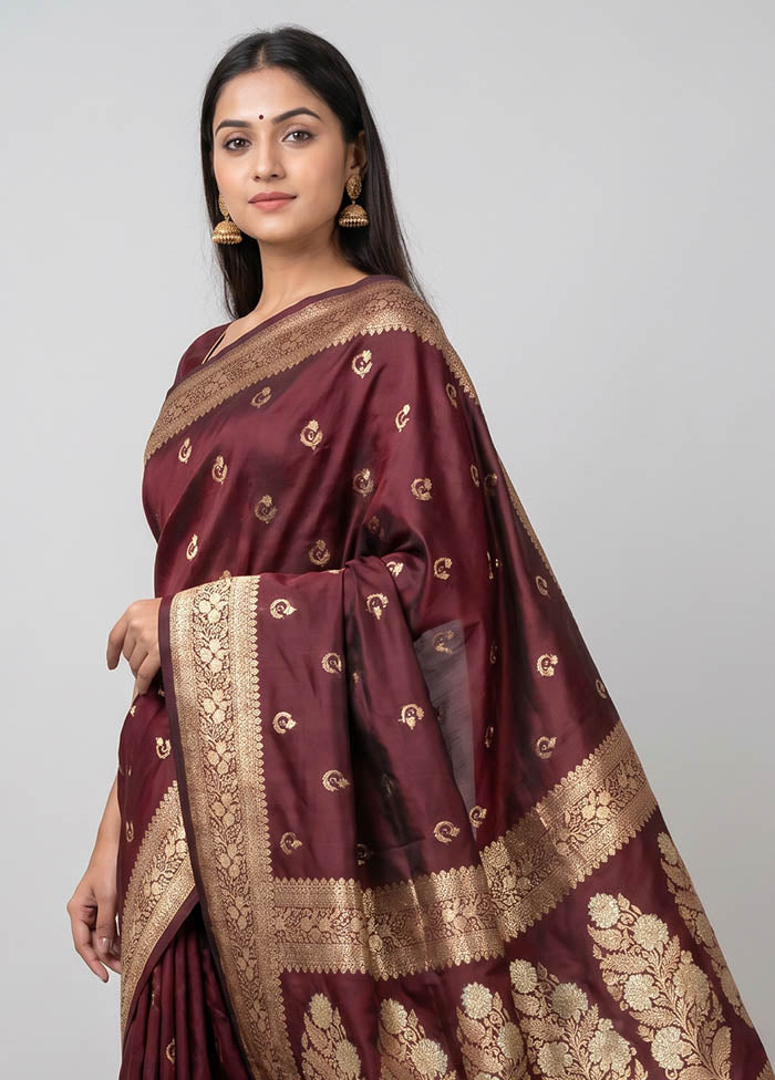 Maroon Handloom Banarasi Pure Silk Saree With Blouse Piece