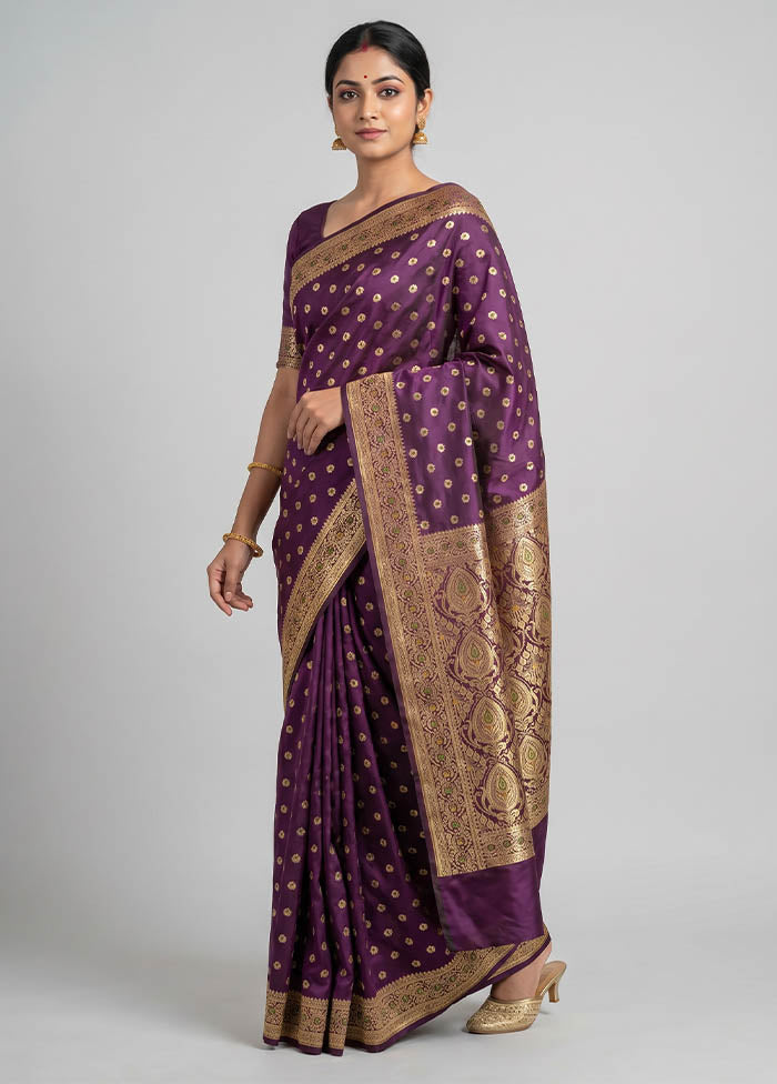 Purple Handloom Banarasi Pure Silk Saree With Blouse Piece
