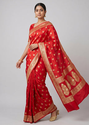 Red Handloom Banarasi Pure Silk Saree With Blouse Piece
