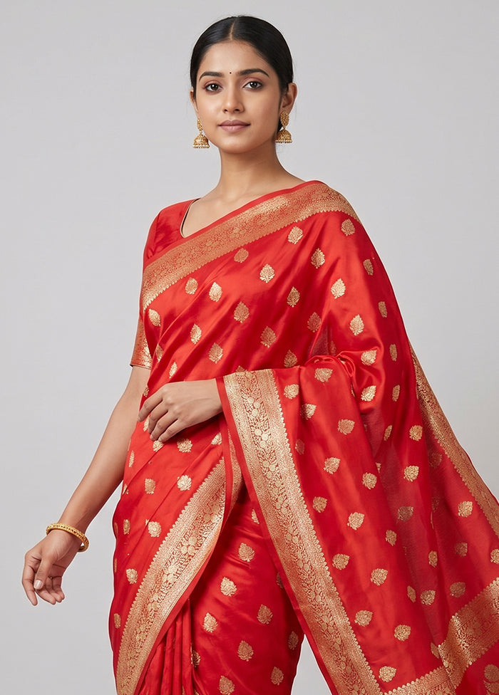 Red Handloom Banarasi Pure Silk Saree With Blouse Piece
