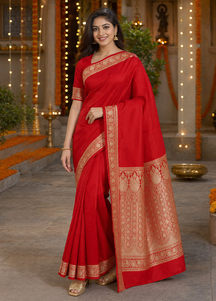 Red Banarasi Silk Saree With Blouse Piece