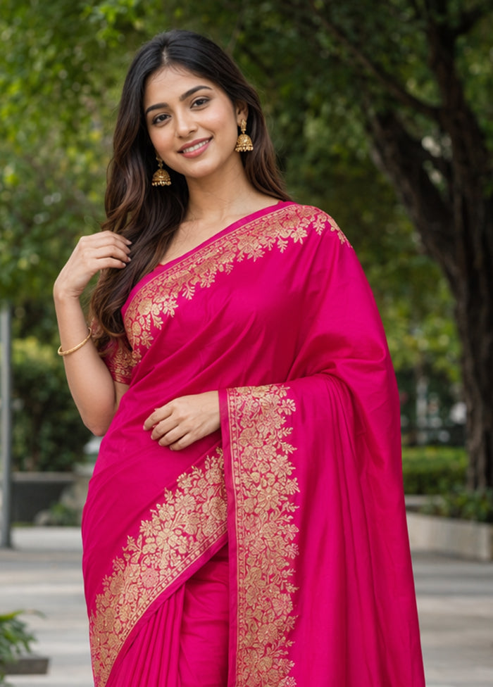 Pink Banarasi Silk Saree With Blouse Piece