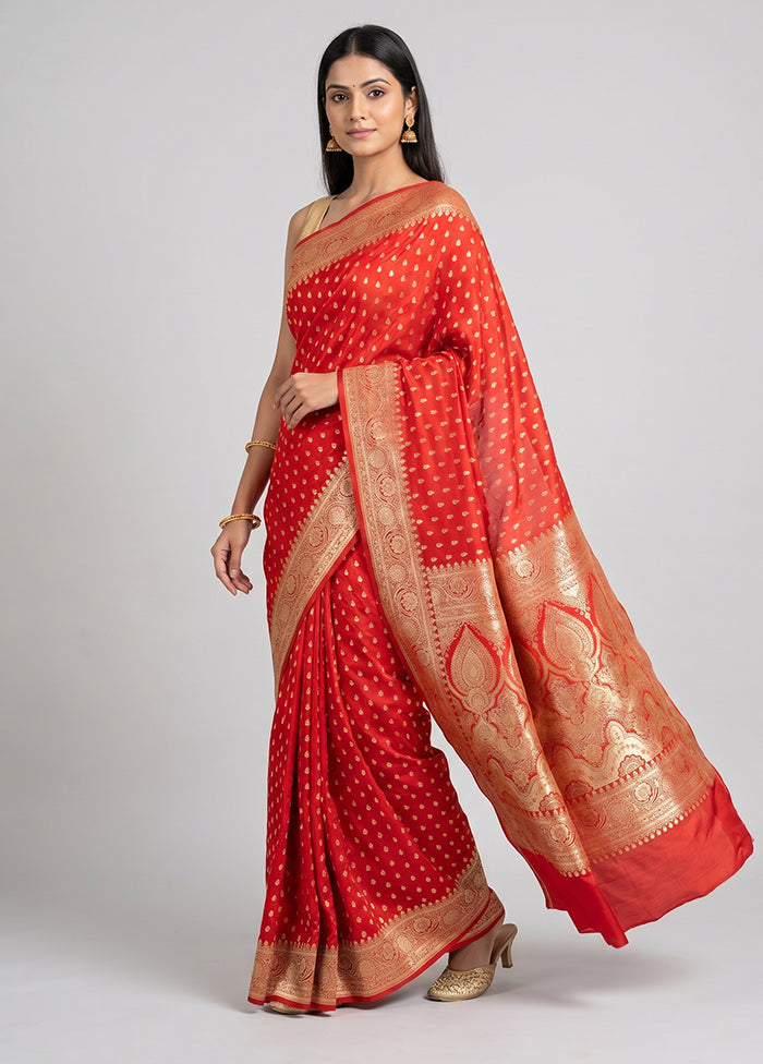 Red Banarasi Silk Saree With Blouse Piece