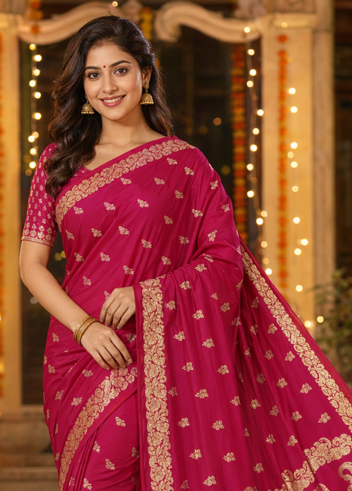 Pink Banarasi Silk Saree With Blouse Piece