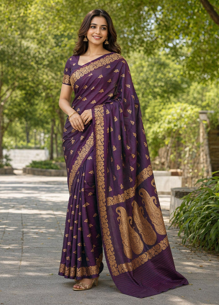 Purple Banarasi Silk Saree With Blouse Piece