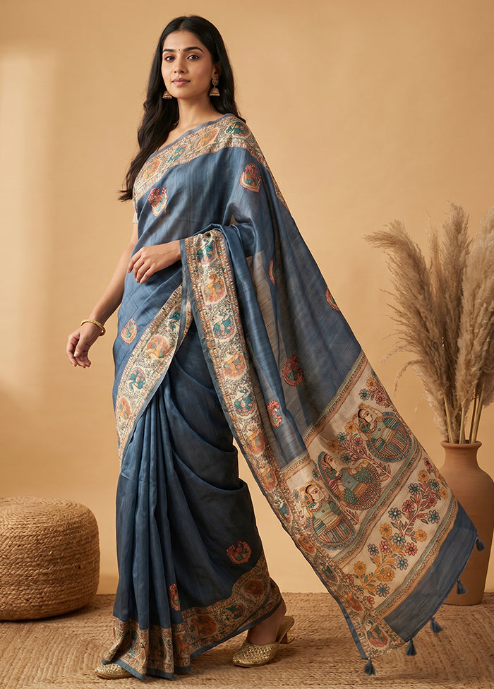 Blue Tussar Silk Saree With Blouse Piece