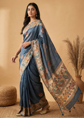 Blue Tussar Silk Saree With Blouse Piece