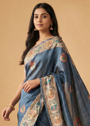 Blue Tussar Silk Saree With Blouse Piece