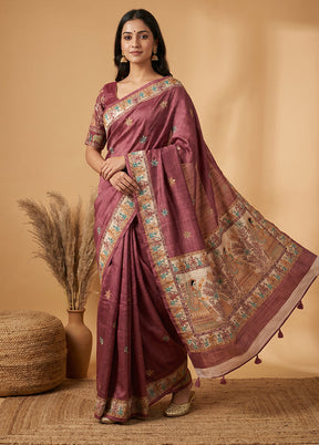 Maroon Tussar Silk Saree With Blouse Piece