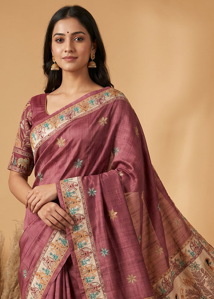 Maroon Tussar Silk Saree With Blouse Piece