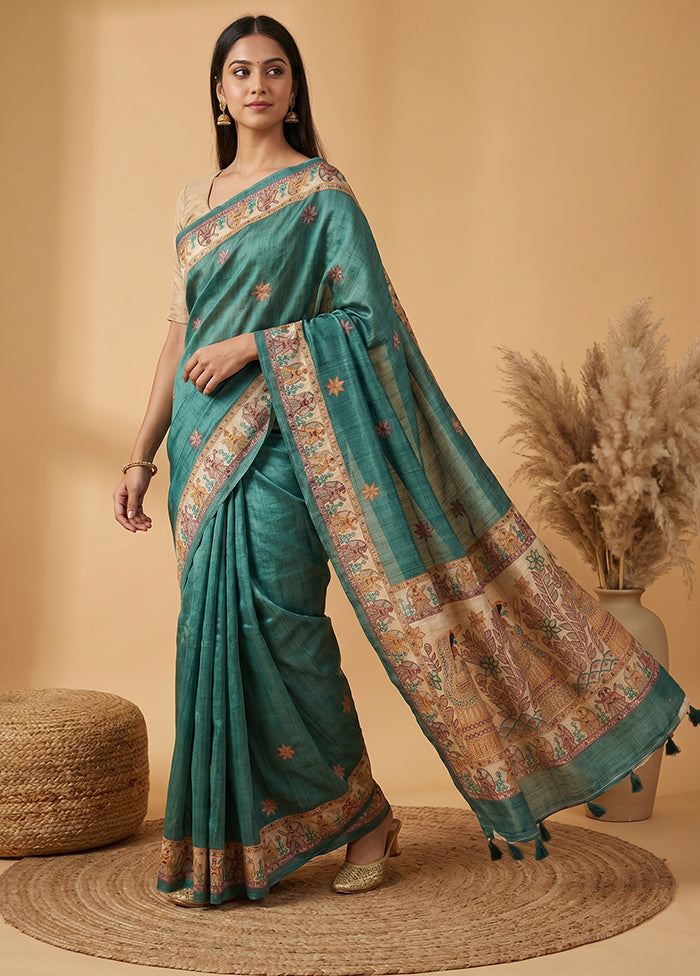 Green Tussar Silk Saree With Blouse Piece