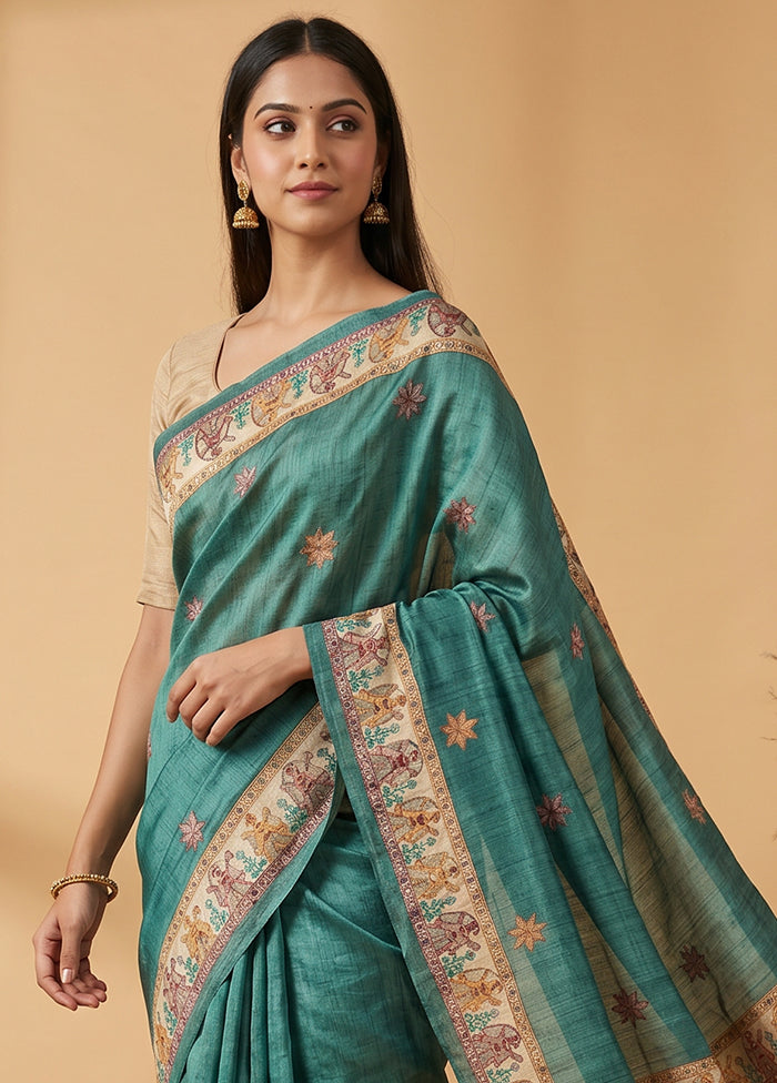 Green Tussar Silk Saree With Blouse Piece