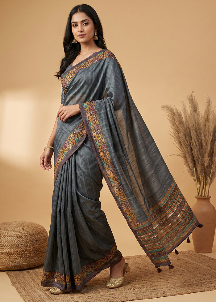 Blue Tussar Silk Saree With Blouse Piece