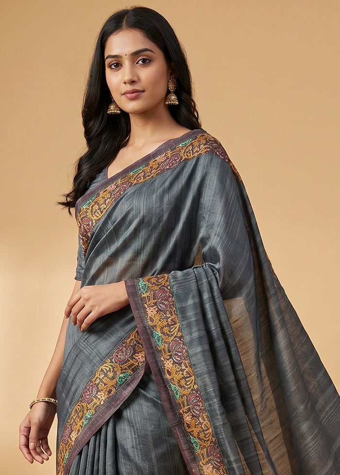 Blue Tussar Silk Saree With Blouse Piece