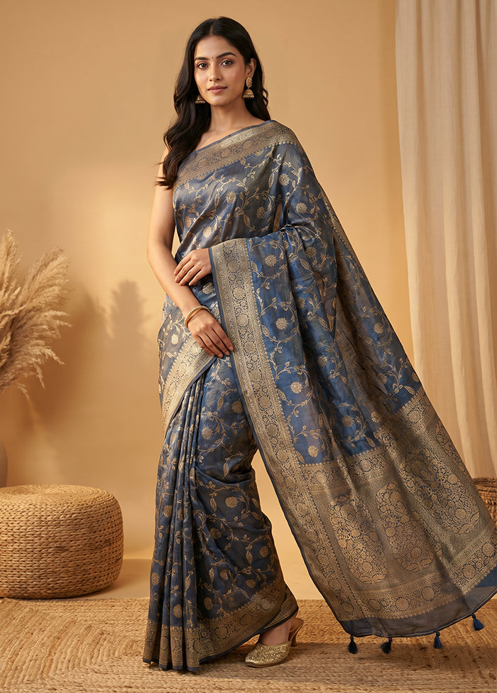 Blue Tissue Silk Saree With Blouse Piece