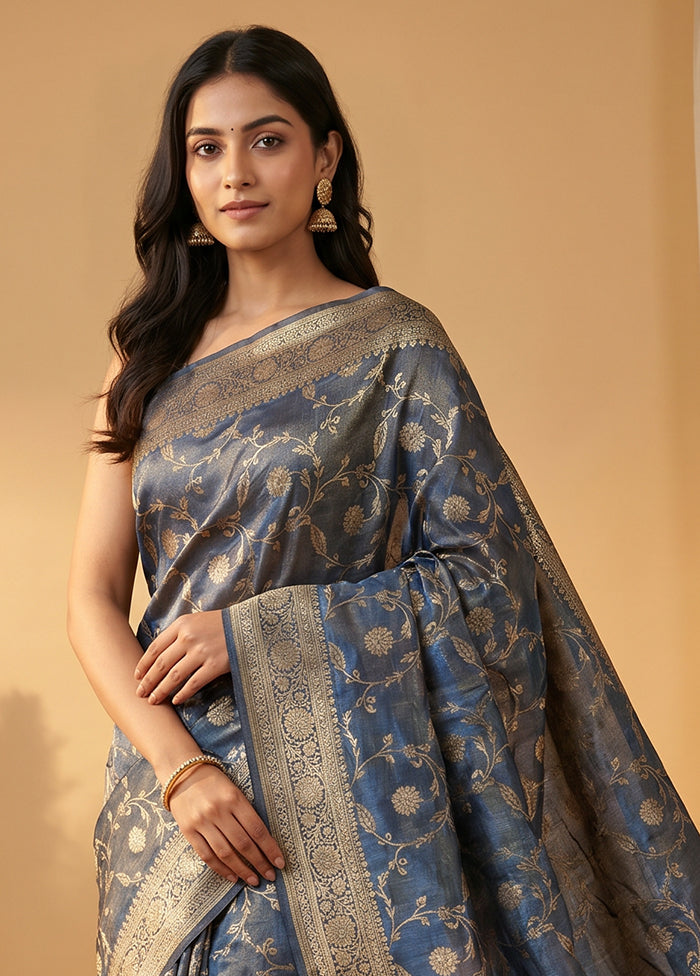 Blue Tissue Silk Saree With Blouse Piece