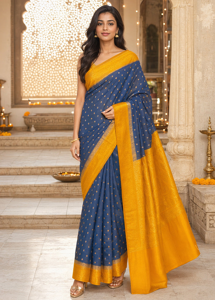 Blue Katan Silk Saree With Blouse Piece