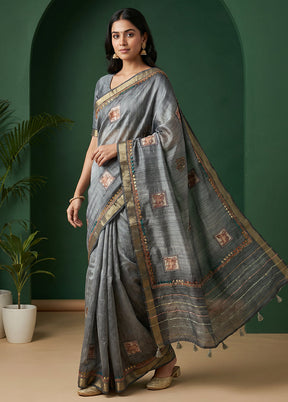 Grey Tussar Silk Saree With Blouse Piece