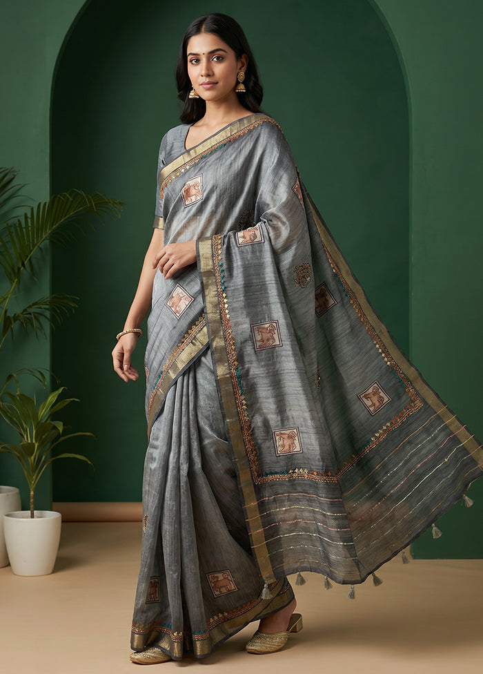Grey Tussar Silk Saree With Blouse Piece
