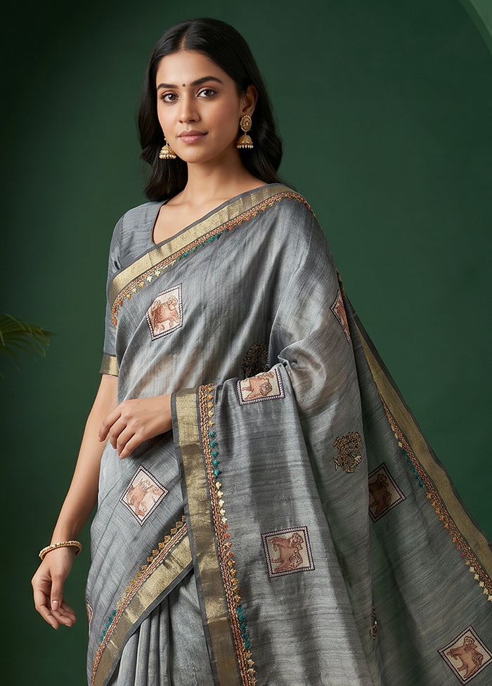 Grey Tussar Silk Saree With Blouse Piece