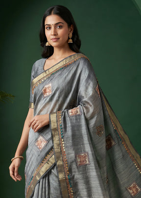 Grey Tussar Silk Saree With Blouse Piece