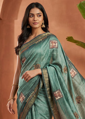 Green Tussar Silk Saree With Blouse Piece