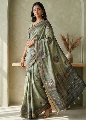 Green Tussar Silk Saree With Blouse Piece