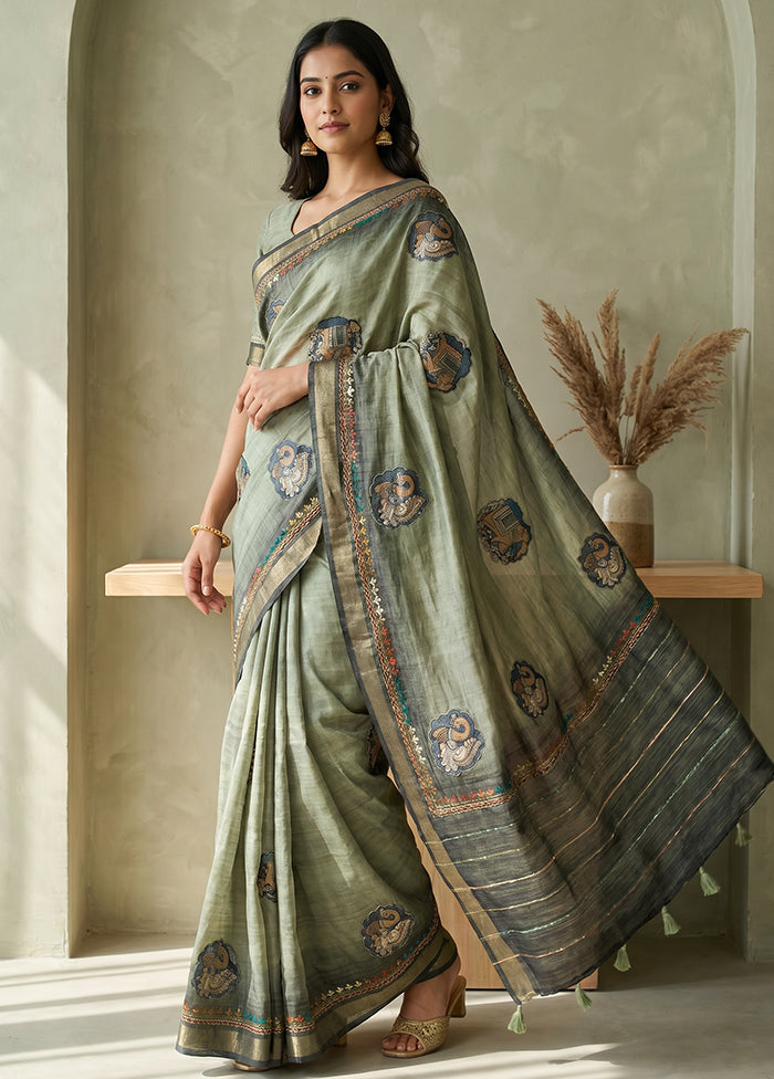 Green Tussar Silk Saree With Blouse Piece
