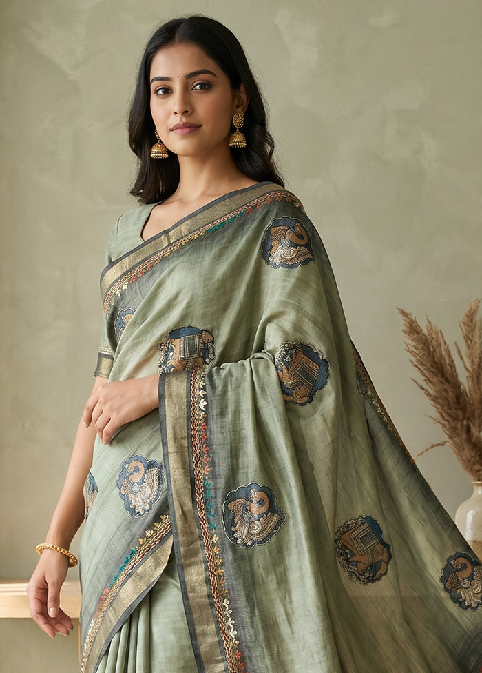 Green Tussar Silk Saree With Blouse Piece