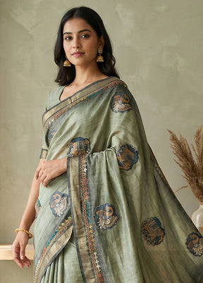 Green Tussar Silk Saree With Blouse Piece