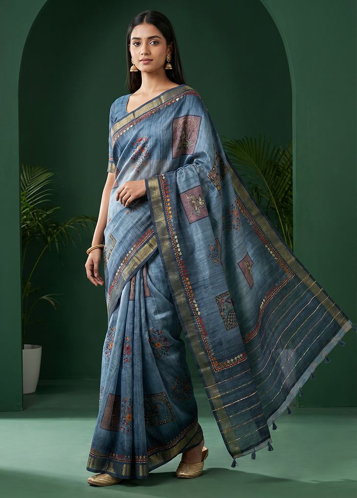 Blue Tussar Silk Saree With Blouse Piece