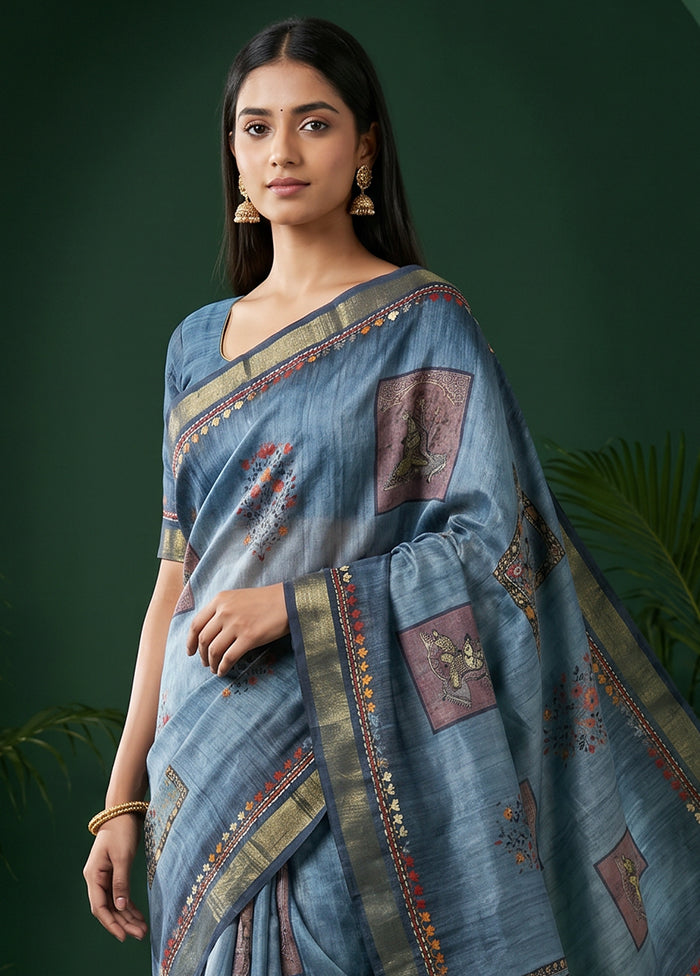 Blue Tussar Silk Saree With Blouse Piece