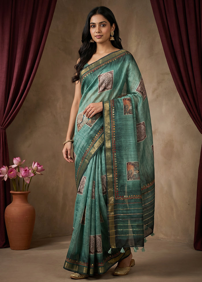 Green Tussar Silk Saree With Blouse Piece